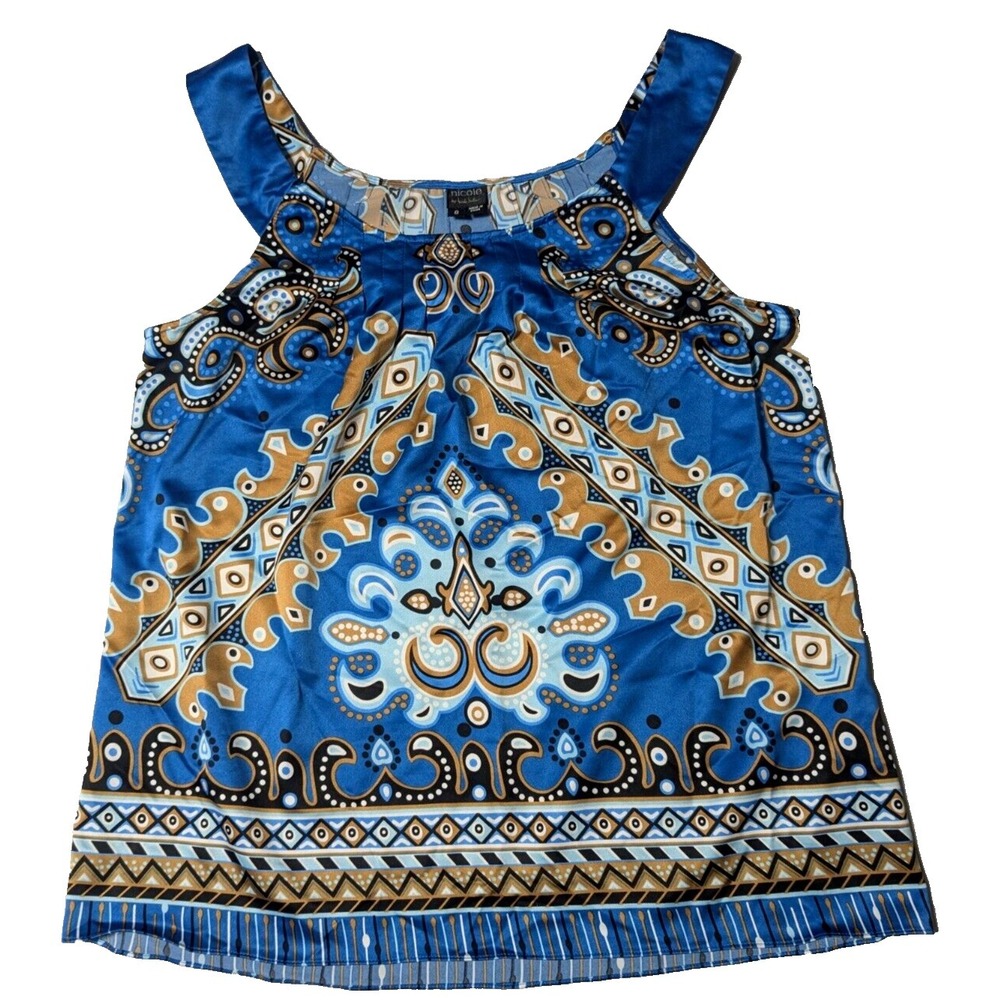 NICOLE BY‎ NICOLE MILLER Women 8 Blue Abstract Poly Stretch Sleeveless Blouse